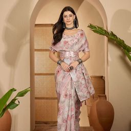 Sangria Floral Digital Printed Zari Saree With Belt & Unstitched Blouse-image-75