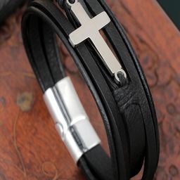 Jewelgenics Men Black Leather Bracelet-image-92