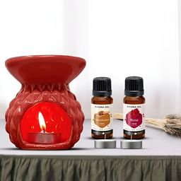 PEEPALCOMM 5Pcs Red Textured Ceramic T-light Aroma Diffuser With Oils - 15 ml Each-image-87