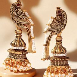 OOMPH Artificial Stones Studded & Beaded Peacock Shaped Jhumkas-image-49