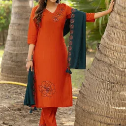 MITTOO Floral Yoke Design Sequnnied Straight Kurta With Trousers & Dupatta-picture-47