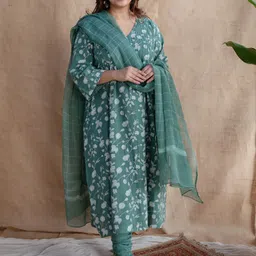THE INDIAN ETHNIC CO Green Checks Dabu Kota Doria Border Dupatta-image-93