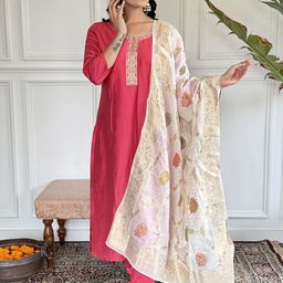 VAAZI CREATOR Women Woven Design Embroidered Kurta with Trousers & Dupatta-image-47