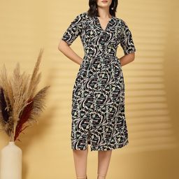 KALINI Women Abstract Printed V-Neck Short Sleeves Fit & Flare Midi Dress-image-23