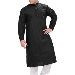 Exotic India Men Jet-Black Plain Cotton Kurta with White Pajama Set-image-42