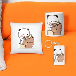 Anikmart 3-Pcs White & Brown Printed Cushion With Mug&KeyChain-1