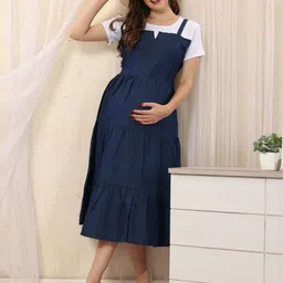 EASY MOM Denim Maternity Fit & Flare Midi Dress-image-49
