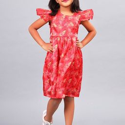 ZION Girls Floral Printed Flutter Sleeves Fit & Flare Knee Length Dress-29