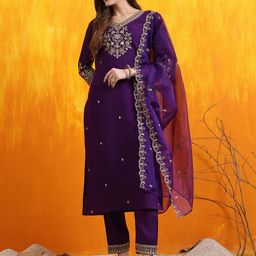 KALINI Floral Embroidered Chanderi Cotton V-Neck Straight Kurta With Trousers And Dupatta-image-93