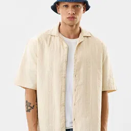Snitch Boxy Textured Short Sleeves Pure Cotton Shirt-image-70