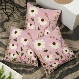 SOKNACK Pink & White 3 Pieces Floral Square Cotton Cushion Covers-45