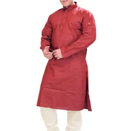 Exotic India Men Rio-Red Plain Cotton Kurta with White Pajama Set-picture-11