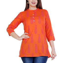 CORSICA Women Orange Print Ethnic Motifs Mandarin Collar Three-Quarter Sleeves Cotton Top-picture-15