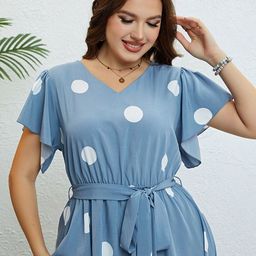Sztori Women Plus Size Polka Dot Printed Flared Sleeve Belted Fit & Flare Dress-image-20