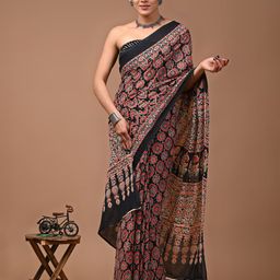 PALLO LATKE Ajrak Block Pure Cotton Block Print Saree-23