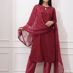 Vishudh Women Ethnic Motifs Embroidered Regular Sequinned Kurta with Trousers & With Dupatta image 5