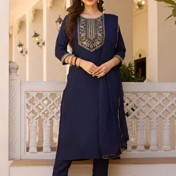 Ekta Textiles Yoke Design Round Neck Thread Work Straight Kurta With Trousers & Dupatta-picture-19