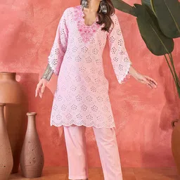 Sangria Chikankari Embroidered 100% Cotton Kurta With Trousers-picture-45