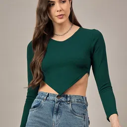 R.Code by The Roadster Life Co. Women Ribbed Long Sleeve Fitted Crop Top-image-28