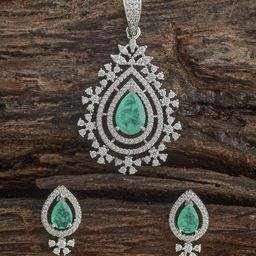 Kushal's Fashion Jewellery Green Rhodium-Plated Party Zircon Pendant Set-image-0