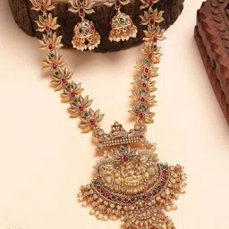 KARATCART Gold Plated Laxmi Mata Engraved Lotus Design Long Temple Jewellery Set-39