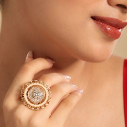 Yinara Gold-Plated American Diamond & Pearls Studded Adjustable Finger Ring-image-49