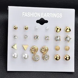 PolluxCraft Set of 12 Gold-Plated Stones Studded And Beaded Circular Shaped Korean Studs-12