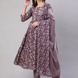 Mizaz Women Floral Printed Layered Pure Cotton Kurta with Trousers & With Dupatta-41