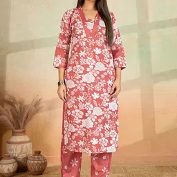 Women Basket Floral Printed V Neck Straight Kurta With Trousers-21