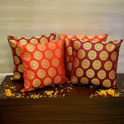 RoyalDeco Maroon & Red 4 Pieces Ethnic Motifs Brocade Square Cushion Covers-picture-6