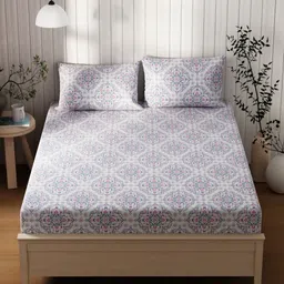 KOPA Off White & Pink Floral Printed 120 TC Cotton Queen Bedsheet Set 2.24 m x 2.44 m-picture-16