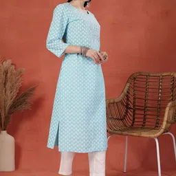 Sangria Floral Printed Thread Work Notch Neck Pure Cotton Straight Kurta-image-92