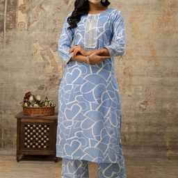 mokshi Geometric Printed Thread Work Round Neck Pure Cotton Kurta with Palazzos-5