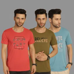 VIMAL JONNEY Men Pack Of 3 Typography Printed Round Neck Cotton T-shirts-image-7