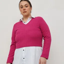 CURVY STREET Women Self Design Ribbed V-Neck Crop Pullover-picture-5