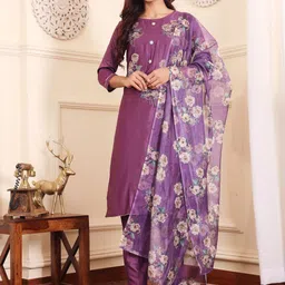 Varanga Women Floral Printed Regular Beads and Stones Kurta with Trouser & Dupatta-picture-17