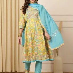 Anouk Floral Printed Thread Work Pure Cotton Anarkali Kurta With Trousers And Dupatta-52