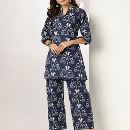 Janasya Printed Pure Cotton Mandarin Collar Neck Top With Trousers Co-Ords-picture-30