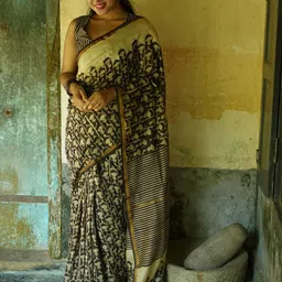 AWRIYA Kalamkari Woven Zari Border Silk Cotton Fusion Chanderi Saree-image-91