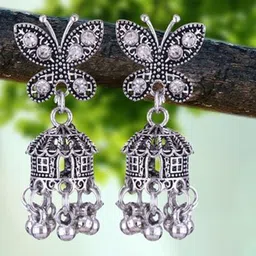 MEENAZ Set Of 4 Silver-Plated Butterfly Shaped Oxidised Jhumkas-9