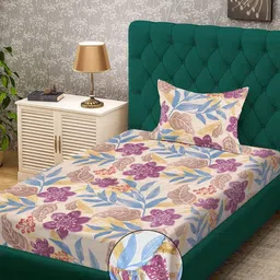 KLOTTHE Cream-Coloured & Blue Floral 300 TC Single Bedsheet with 1 Pillow Covers-image-67