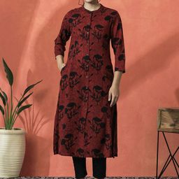 Sangria Floral Printed Mandarin Collar Three-Quarter Sleeves Panelled A-Line Kurta-image-67