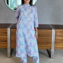 Freesia Array Women Lavender Printed Mandarin Collar Cotton Kurta With Pant Co-Ord Set-picture-46