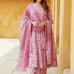 KALINI Floral Printed Round Neck Pure Cotton Anarkali Kurta With Trousers & Dupatta-11
