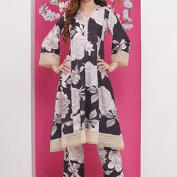 Bhama Couture Floral Printed V-Neck A-Line Kurta with Palazzos-picture-12