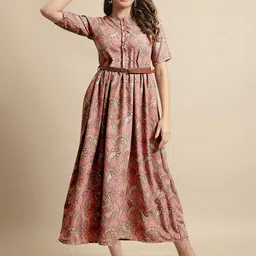 Metronaut Women Ethnic Motifs Print Round Neck Fit & Flare Midi Dress Comes with a belt-image-68