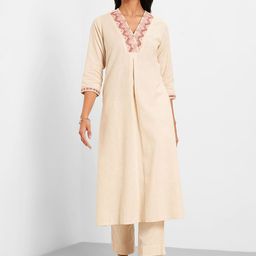 RANGMANCH BY PANTALOONS Striped Embroidered Mirror Work V-Neck A-Line Pure Cotton Kurta-56