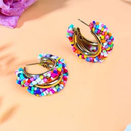 KPOP Gold-Plated Circular Beaded Half Hoop Earrings-image-53
