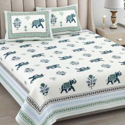 Urban Jaipur Blue & Green Floral 220 TC King Bedsheet with 2 Pillow Covers-image-85