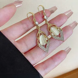 Celestique Cubic Zirconia Studded Korean Teardrop Shaped Drop Earrings-picture-11